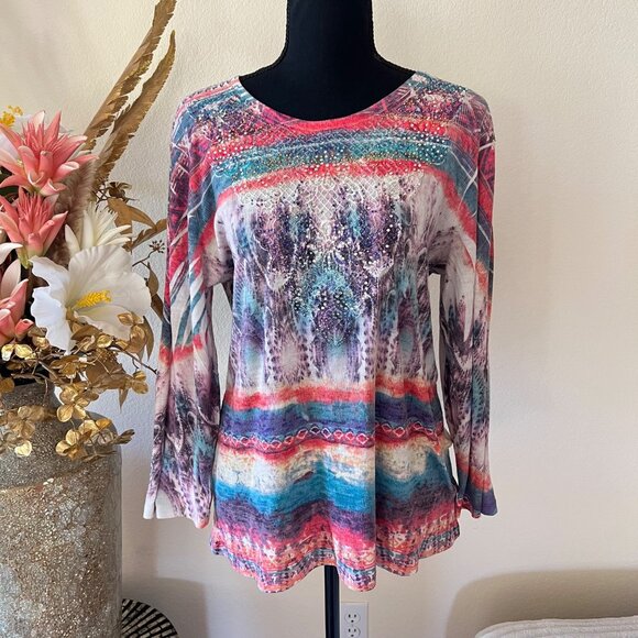Y2K Boho Chic Embroidered Artsy Multicolor Rhinestone Stretchy Top - Picture 1 of 9
